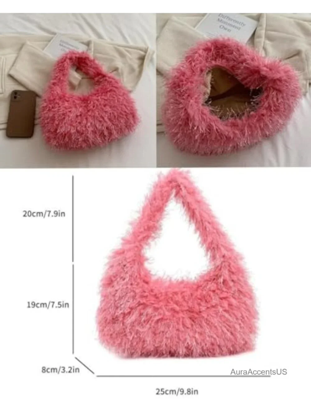 Faux Fur Fluffy Hobo Bag Furry Handbag Purse Fuzzy Tote Shoulder Bag